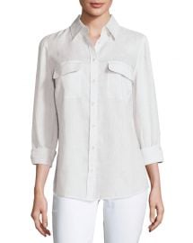 Go Silk Petite Long-Sleeve Button-Front Linen Top at Neiman Marcus